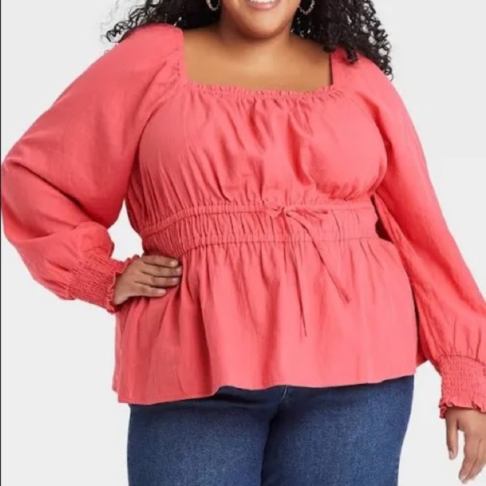 Ava & Viv Plus Long Sleeve Peplum Top- Coral